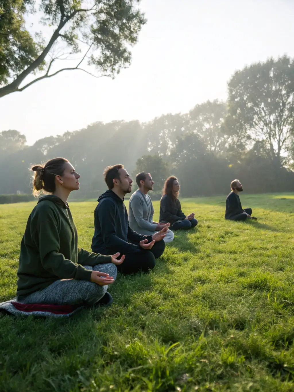 A serene image of a group practicing yoga outdoors in a natural setting, promoting the wellness programs offered by 'SPORTS ET NATURE'.