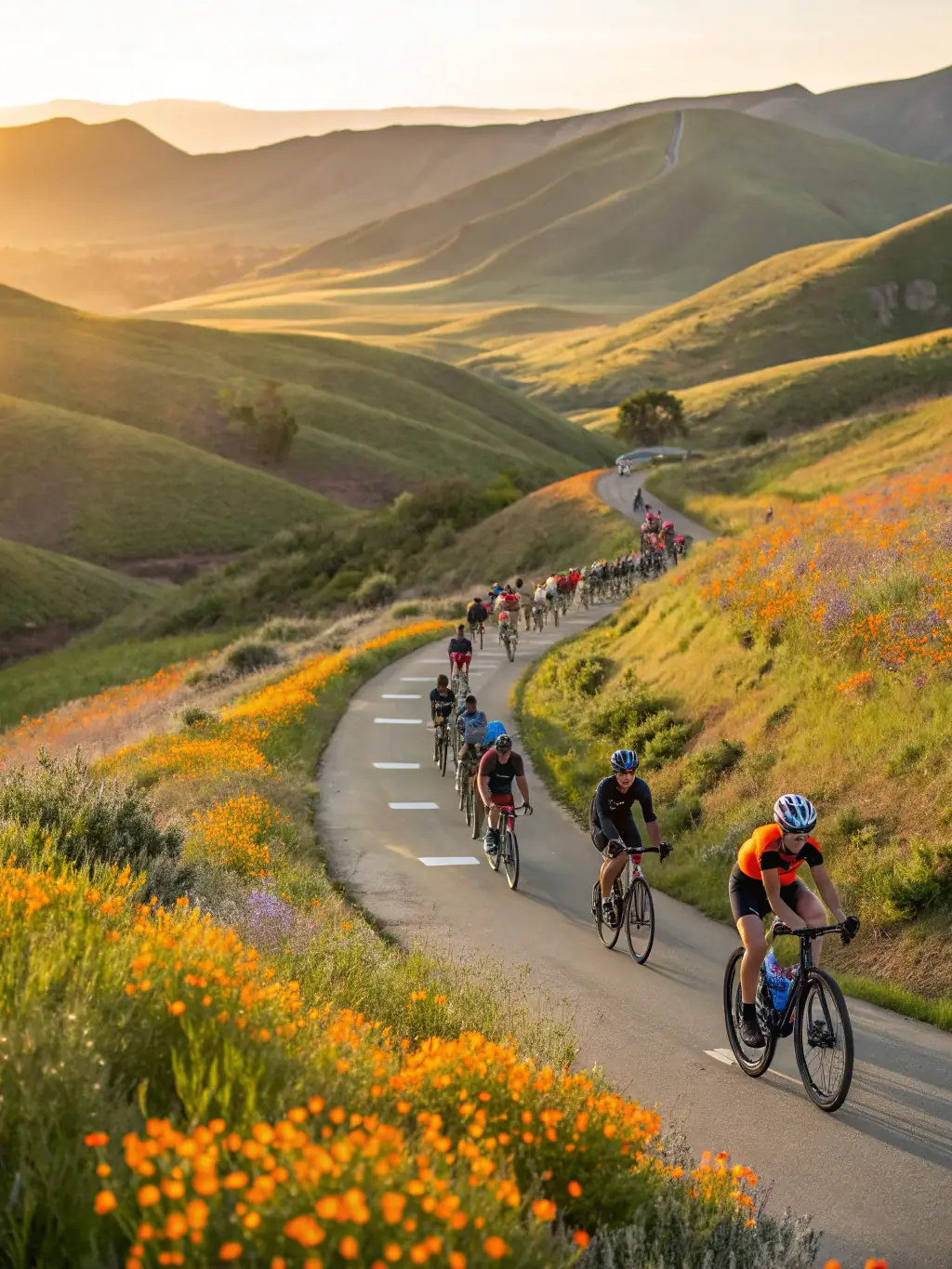 A dynamic image of a group cycling through a picturesque countryside, showcasing the 'SPORTS ET NATURE' cycling program.