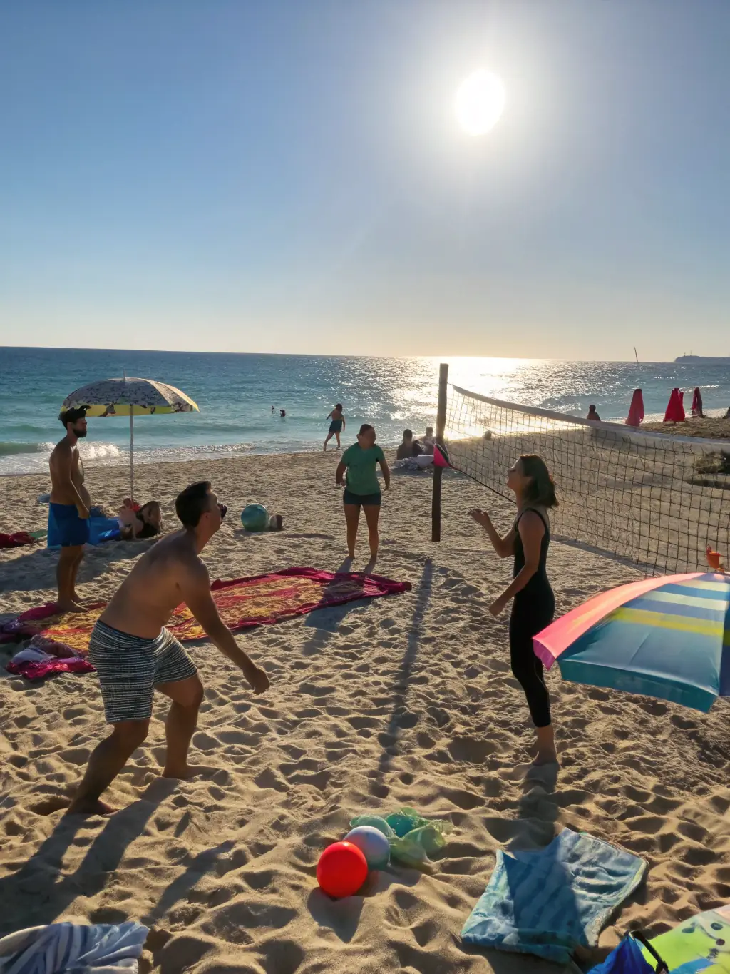 A lively image of participants engaged in a friendly game of beach volleyball, representing the team sports activities organized by 'SPORTS ET NATURE'.